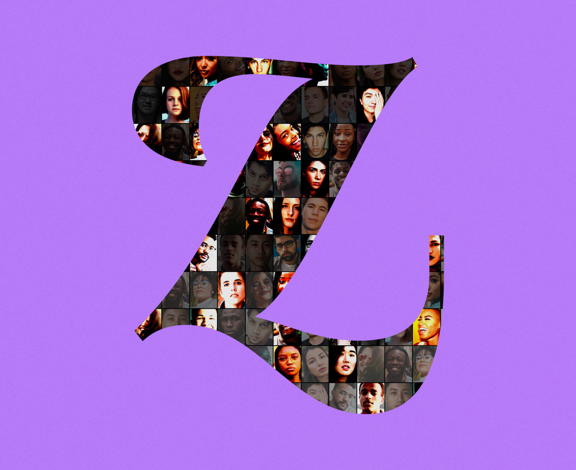 The letter Z which a collage of people pictured inside