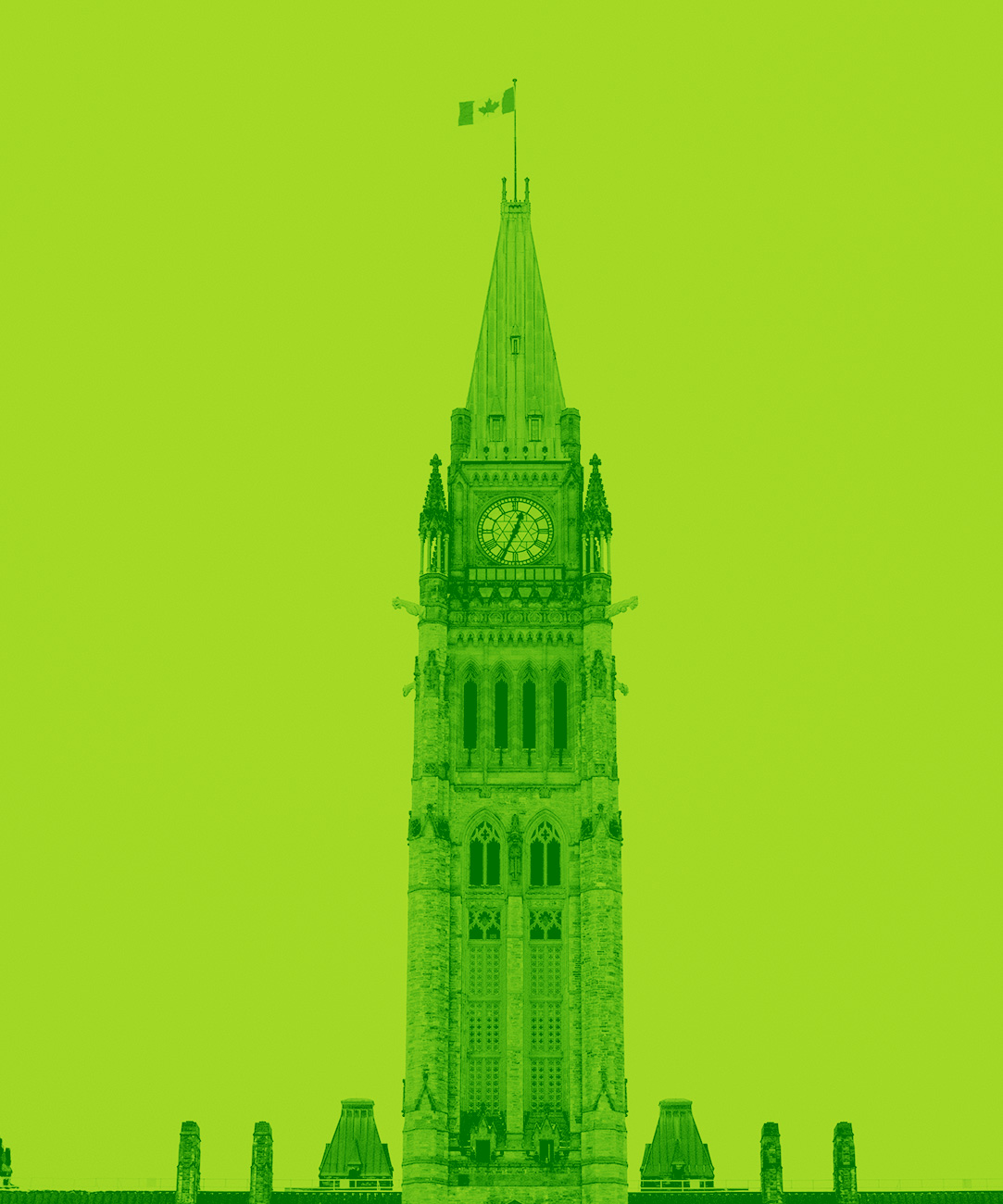 Top of parliament building, Ottawa, in green filter